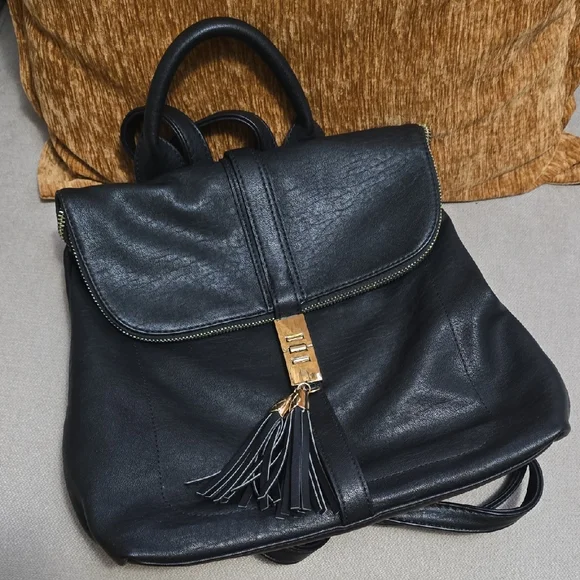 Black Leather Backpack with Tassel - Picture 1 of 14